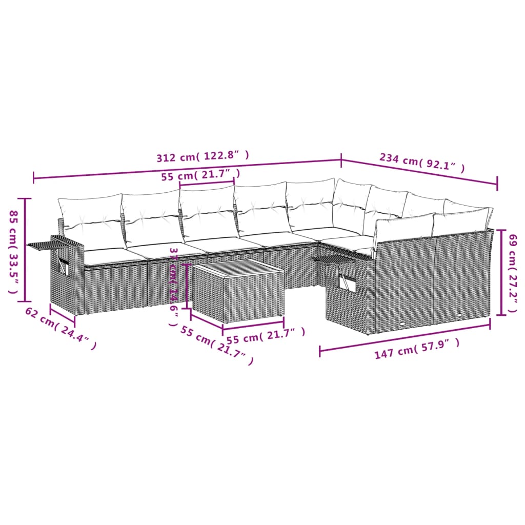 10-Delige Loungeset Met Kussens Poly Rattan Beige