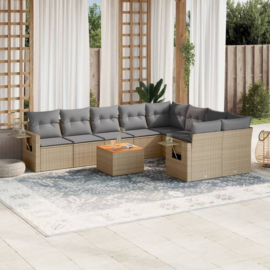 10-Delige Loungeset Met Kussens Poly Rattan Beige