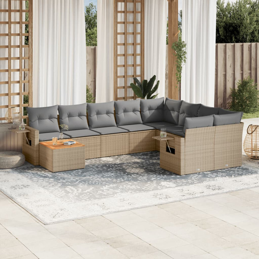 10-Delige Loungeset Met Kussens Poly Rattan Beige