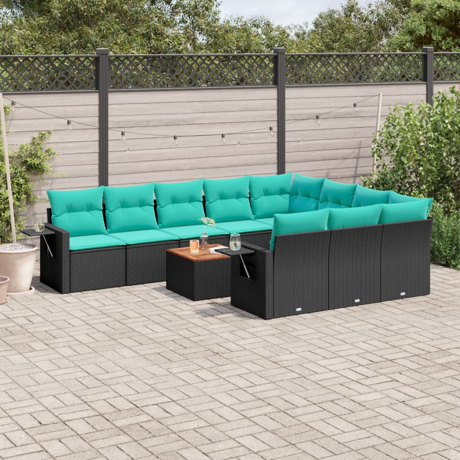 11-delige tuinbankset met kussens, zwart polyrotan