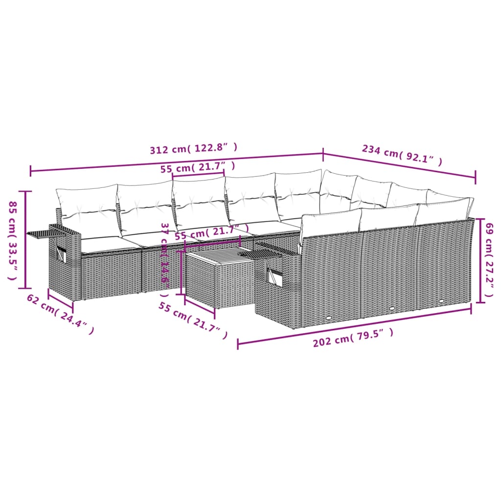11-Delige Tuinset Met Kussens Poly Rattan Beige