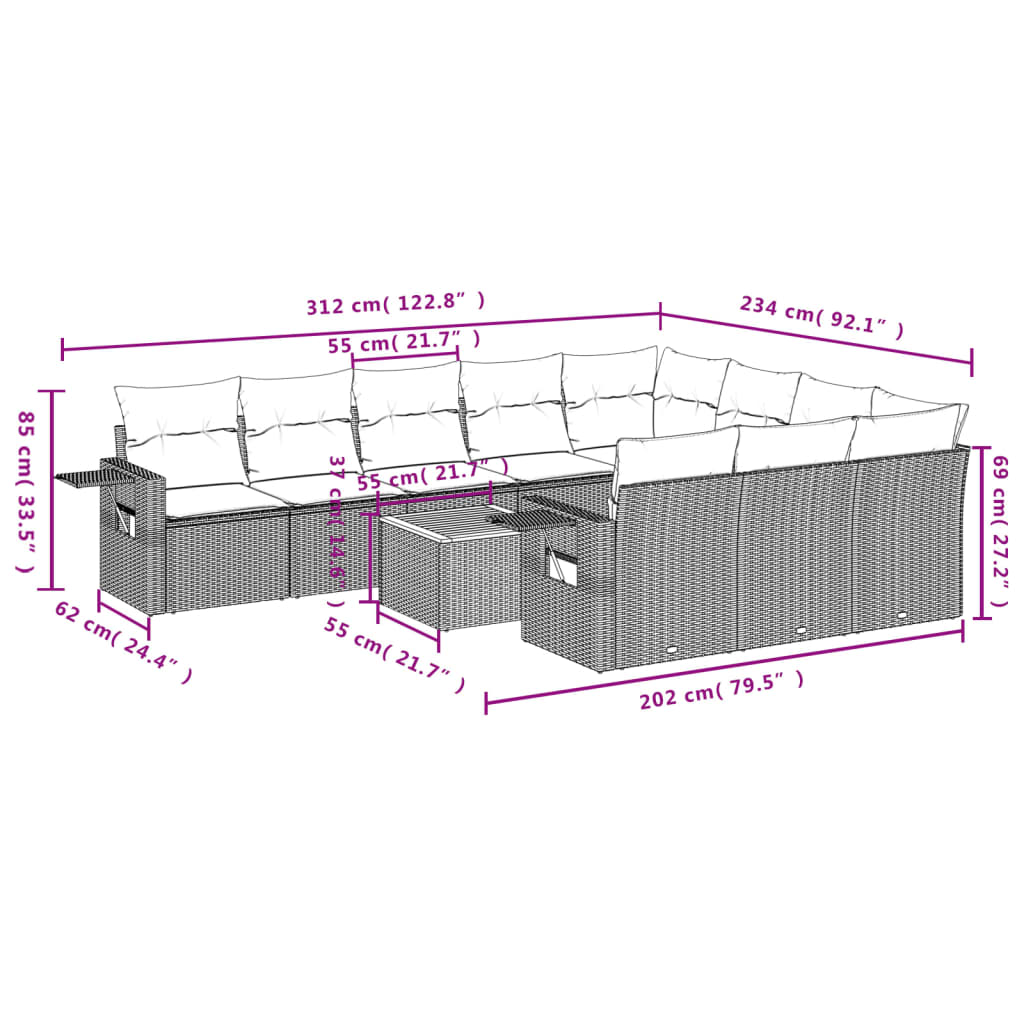 11-delige tuinbankset met kussens, grijs polyrotan
