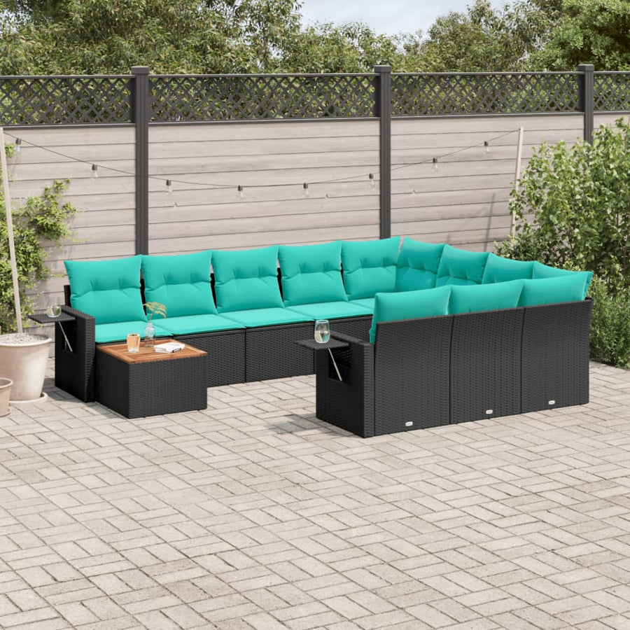 11-delige tuinbankset met kussens, zwart polyrotan