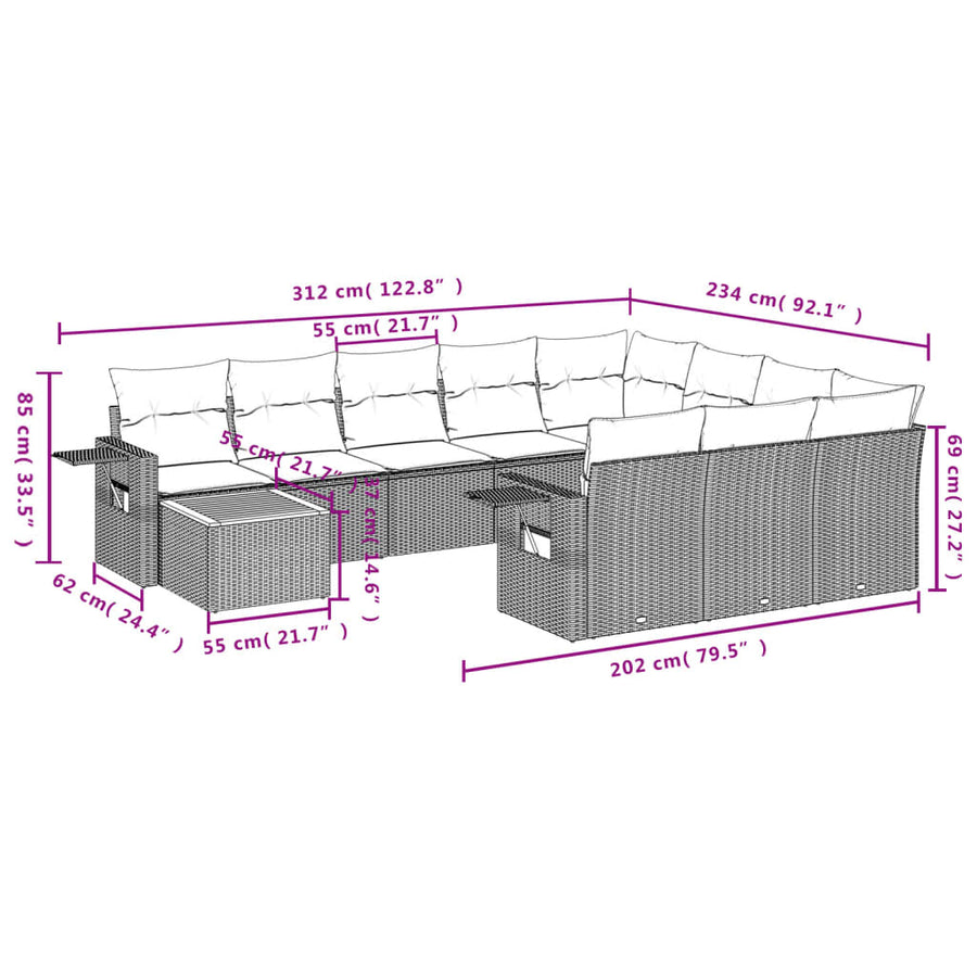 11-delige tuinbankset met kussens, grijs polyrotan