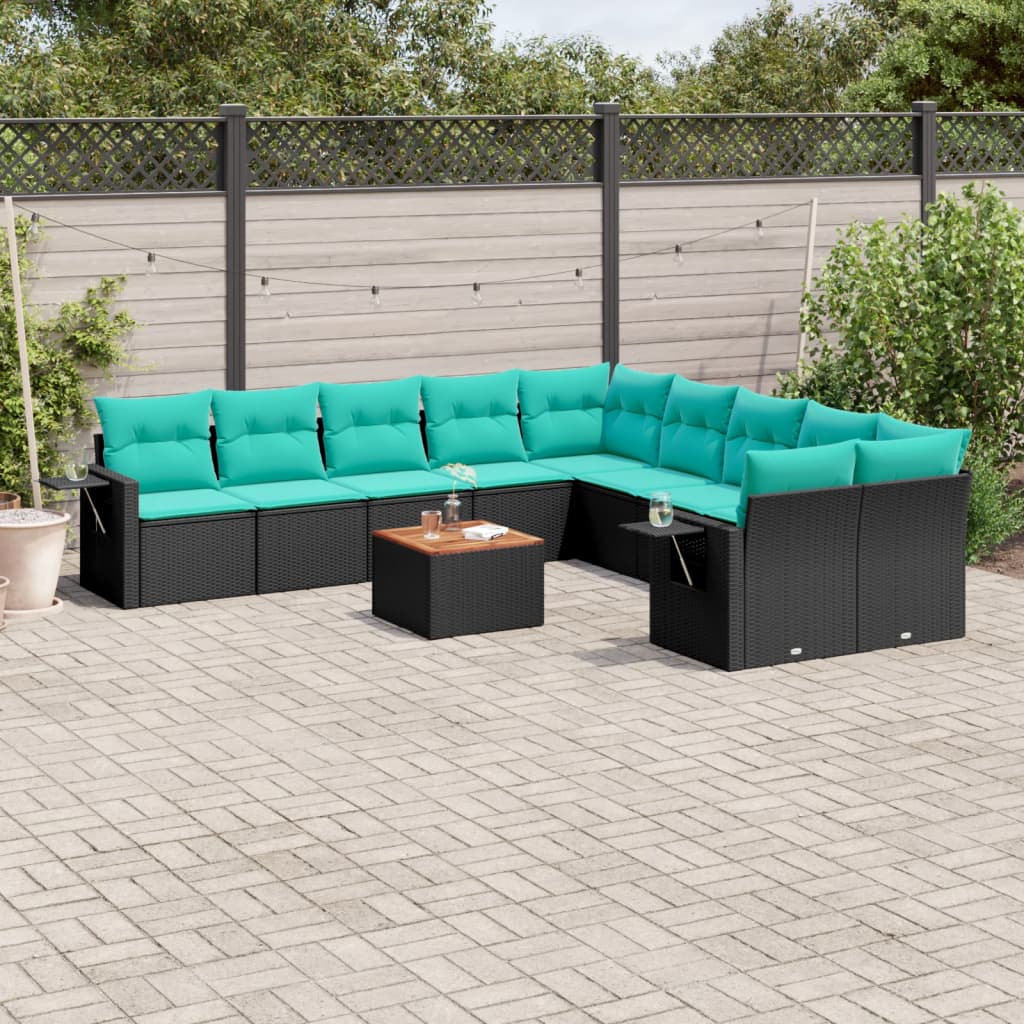 11-delige tuinbankset met kussens, zwart polyrotan