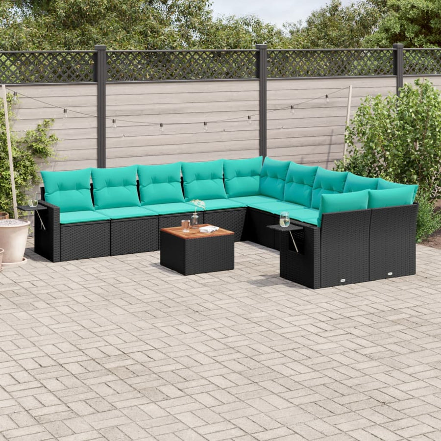 11-delige tuinbankset met kussens, zwart polyrotan