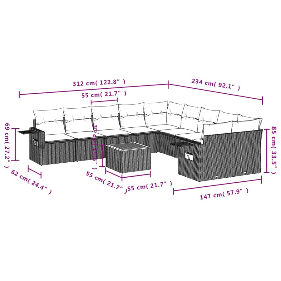 11-Delige Tuinset Met Kussens Poly Rattan Beige