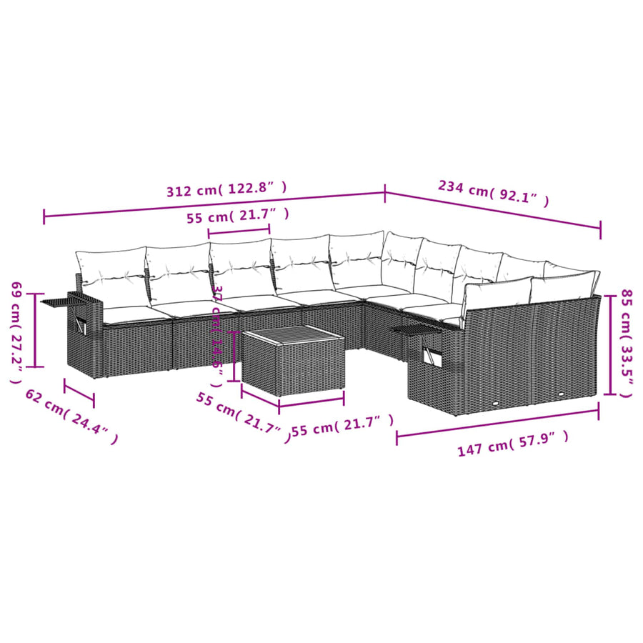 11-delige tuinbankset met kussens, grijs polyrotan