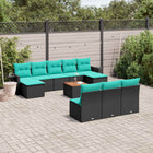 11-piece garden sofa set with cushions, black poly rattan