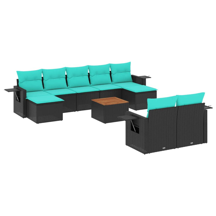 10-delige tuinbankset met kussens van zwart polyrotan