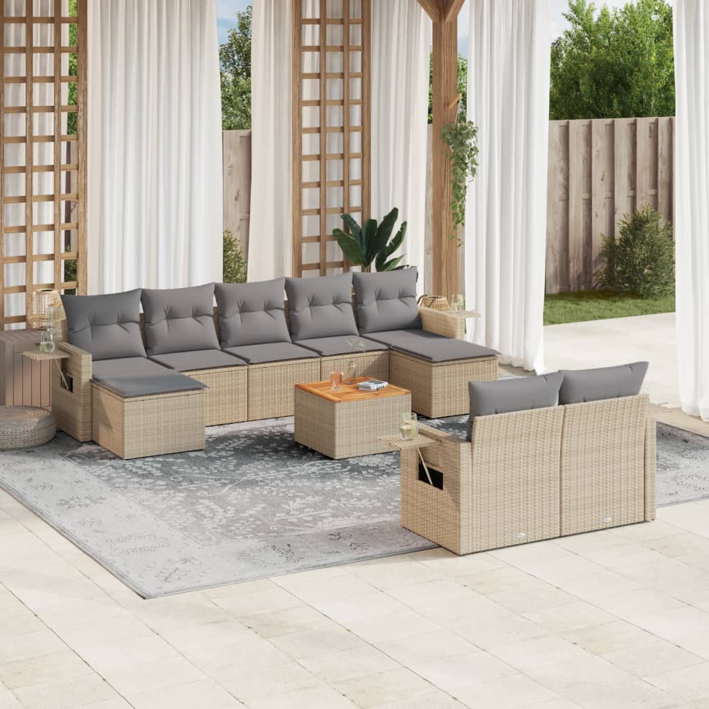 10-Delige Loungeset Met Kussens Poly Rattan Beige