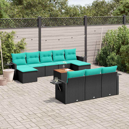11-delige tuinbankset met kussens, zwart polyrotan