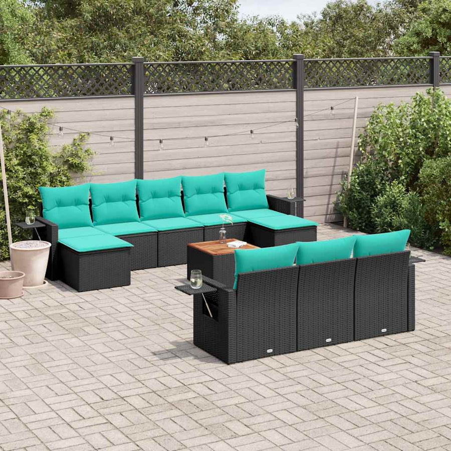 11-delige tuinbankset met kussens, zwart polyrotan