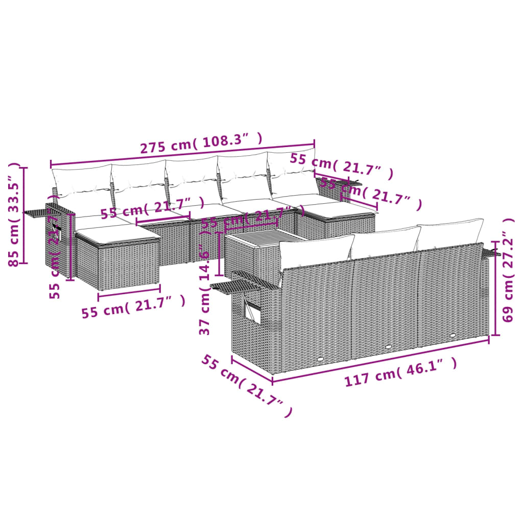 11-Delige Tuinset Met Kussens Poly Rattan Beige