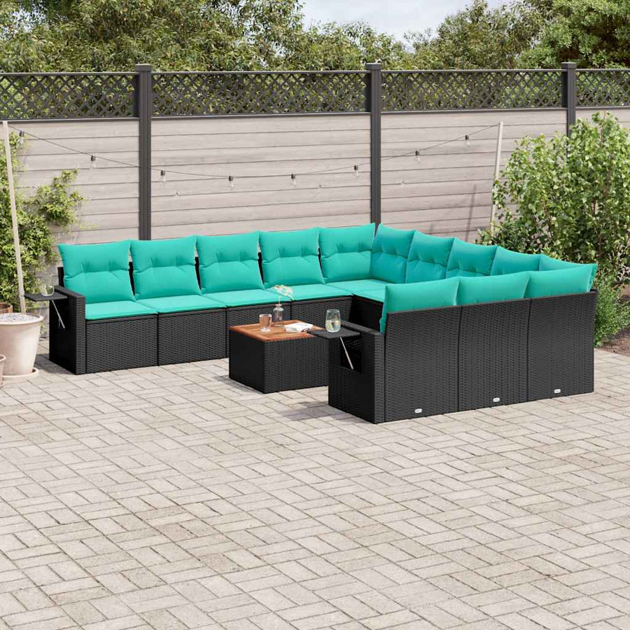 12-delige tuinbankset met kussens van zwart polyrotan