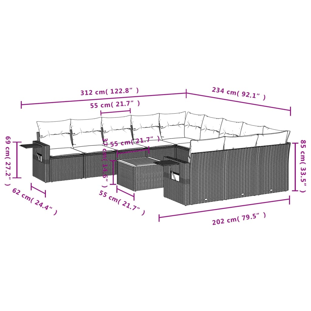 12-Delige Loungeset Met Kussens Poly Rattan Grijs