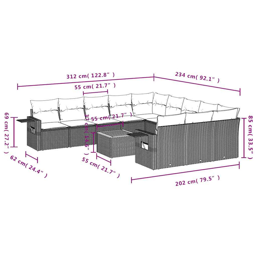 12-delige tuinbankset met kussens, grijs polyrotan