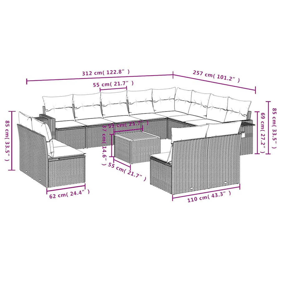 13-delige tuinbankset met kussens, grijs polyrotan