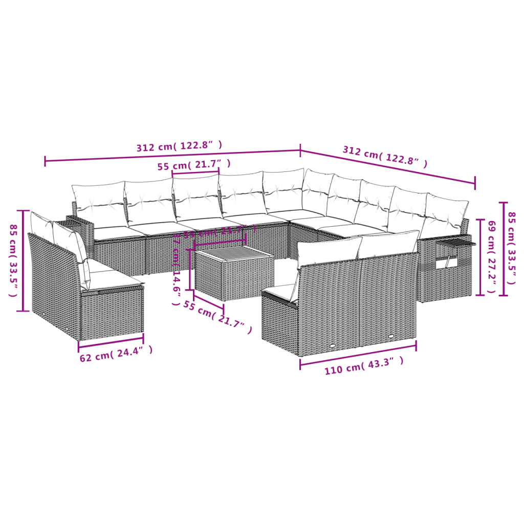 14-Delige Loungeset Met Kussens Poly Rattan Beige