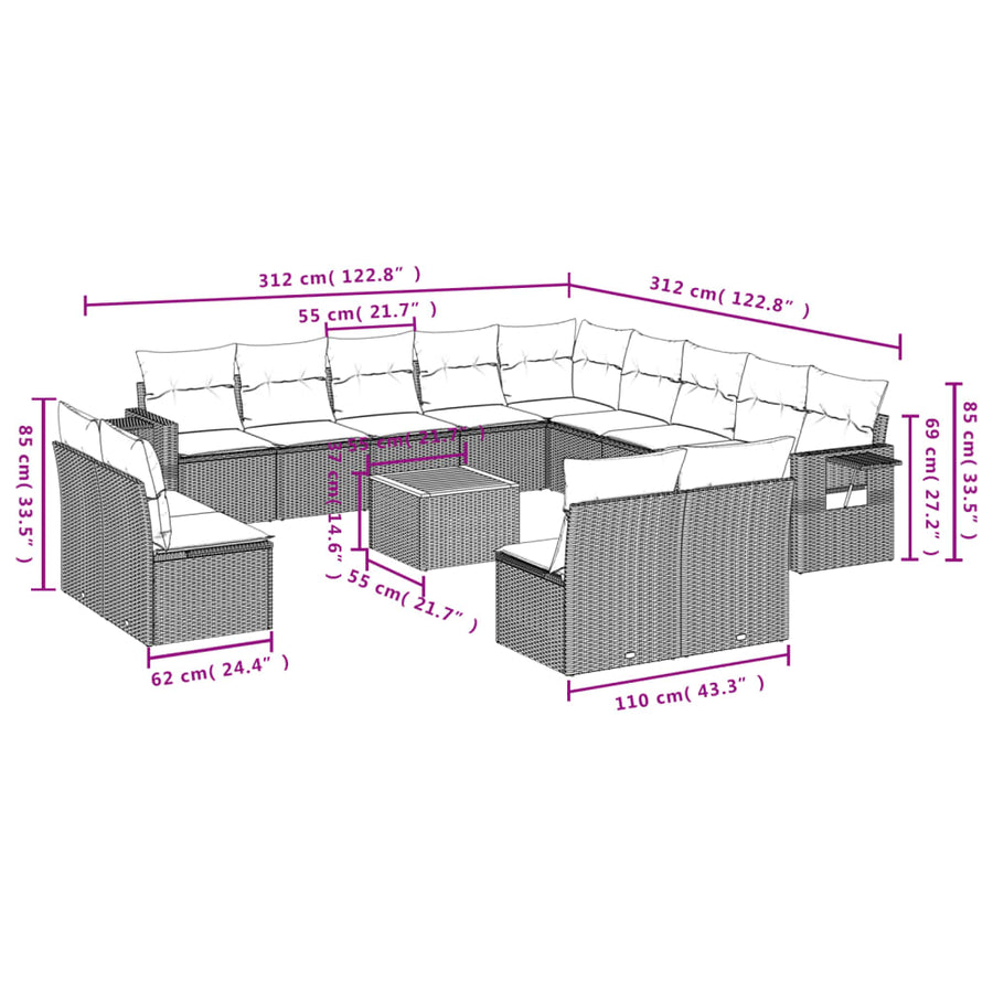 14-Delige Loungeset Met Kussens Poly Rattan Beige
