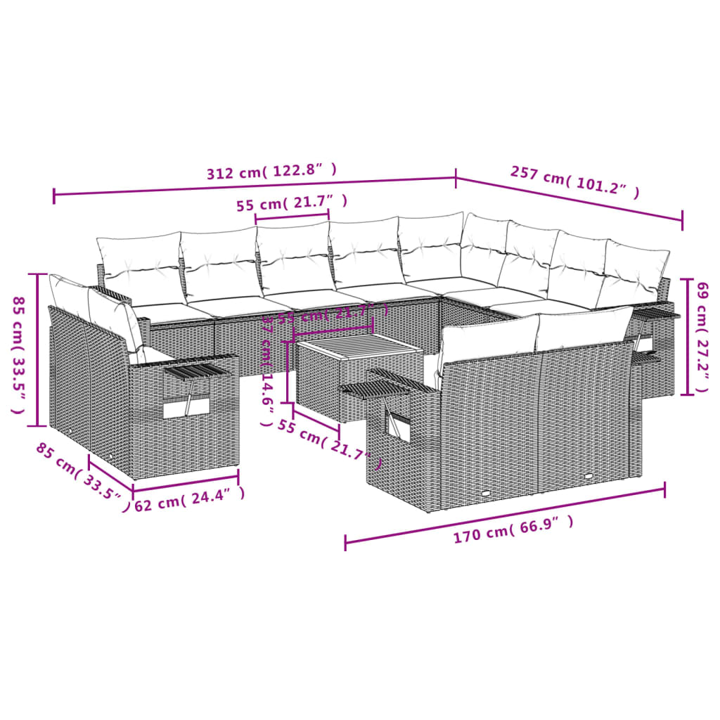 13-Delige Loungeset Met Kussens Poly Rattan Beige