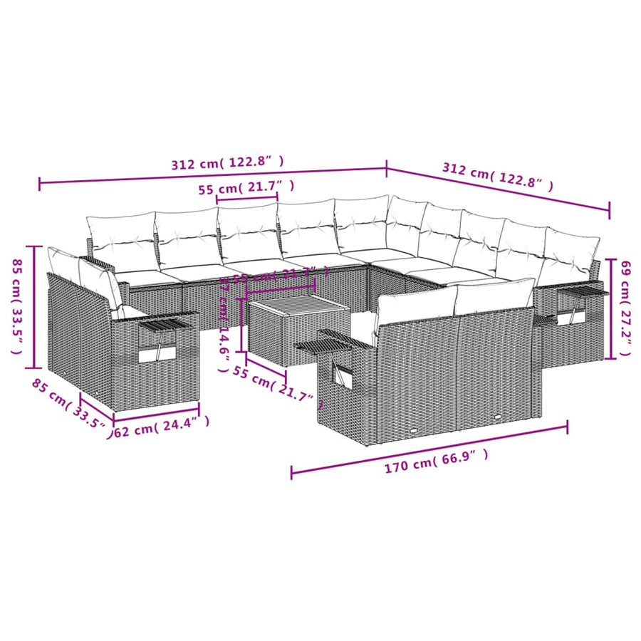 14-Delige Loungeset Met Kussens Poly Rattan Beige