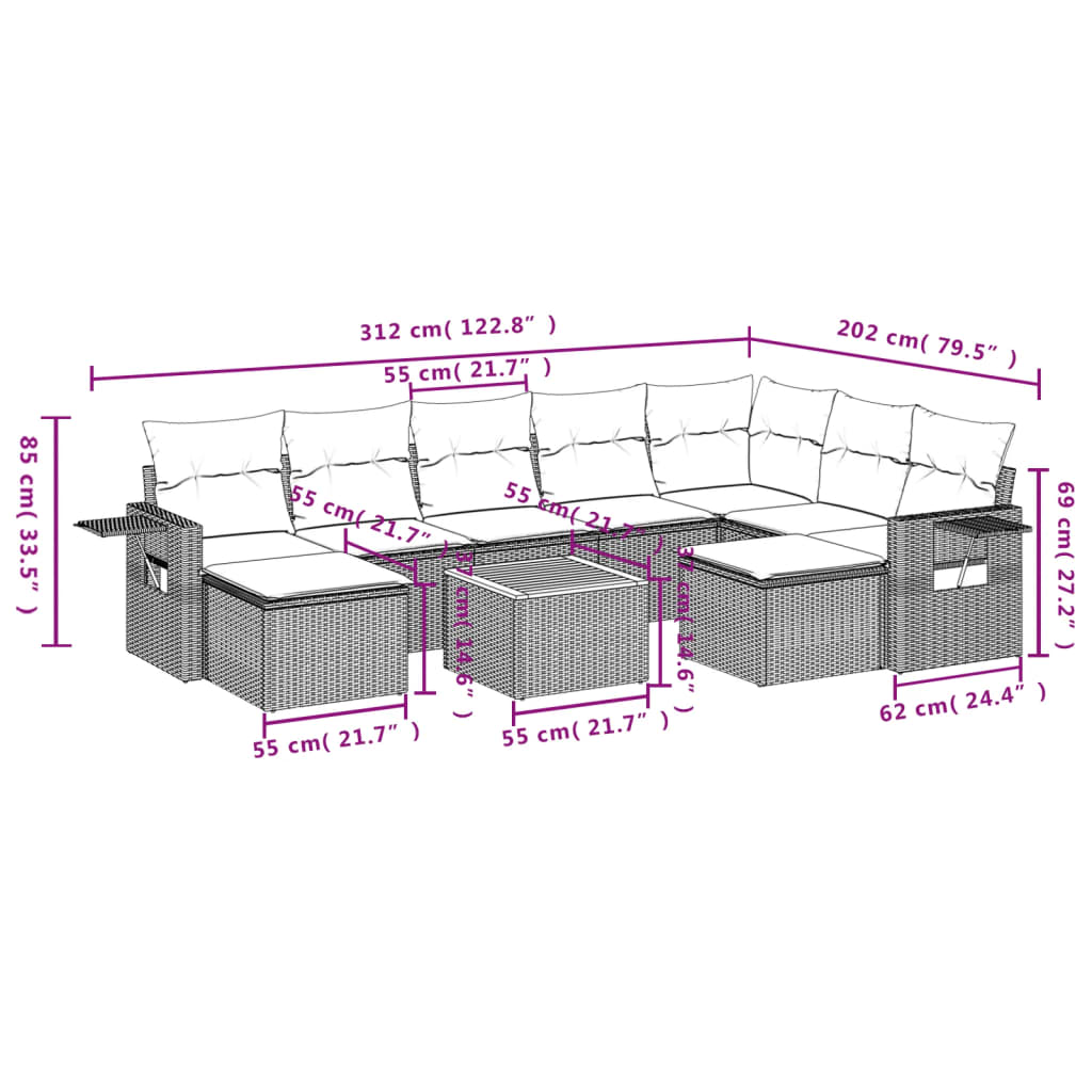 10-Delige Loungeset Met Kussens Poly Rattan Beige