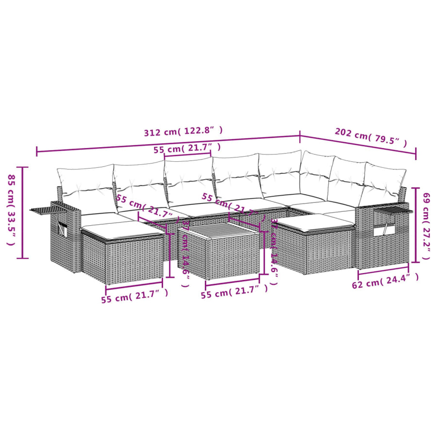 10-Delige Loungeset Met Kussens Poly Rattan Beige