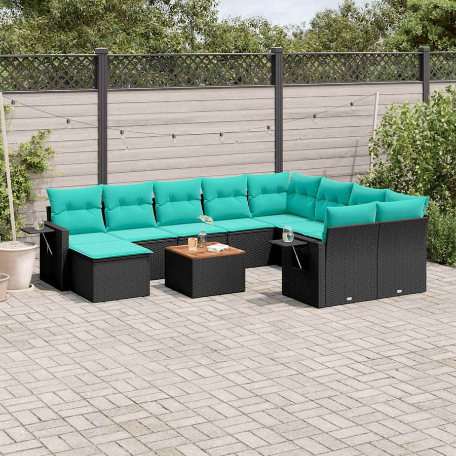 11-delige tuinbankset met kussens, zwart polyrotan