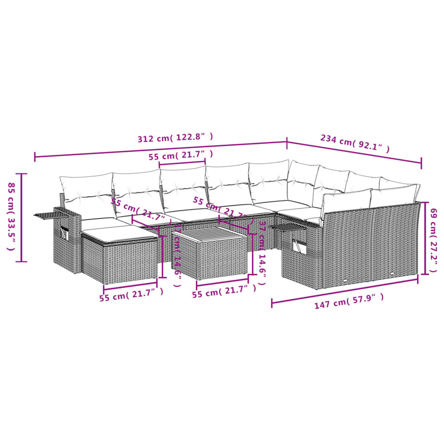 11-Delige Tuinset Met Kussens Poly Rattan Beige