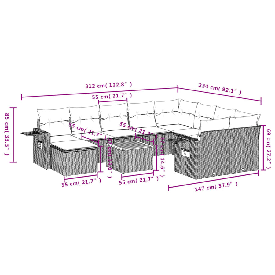 11-Delige Loungeset Met Kussens Poly Rattan Grijs