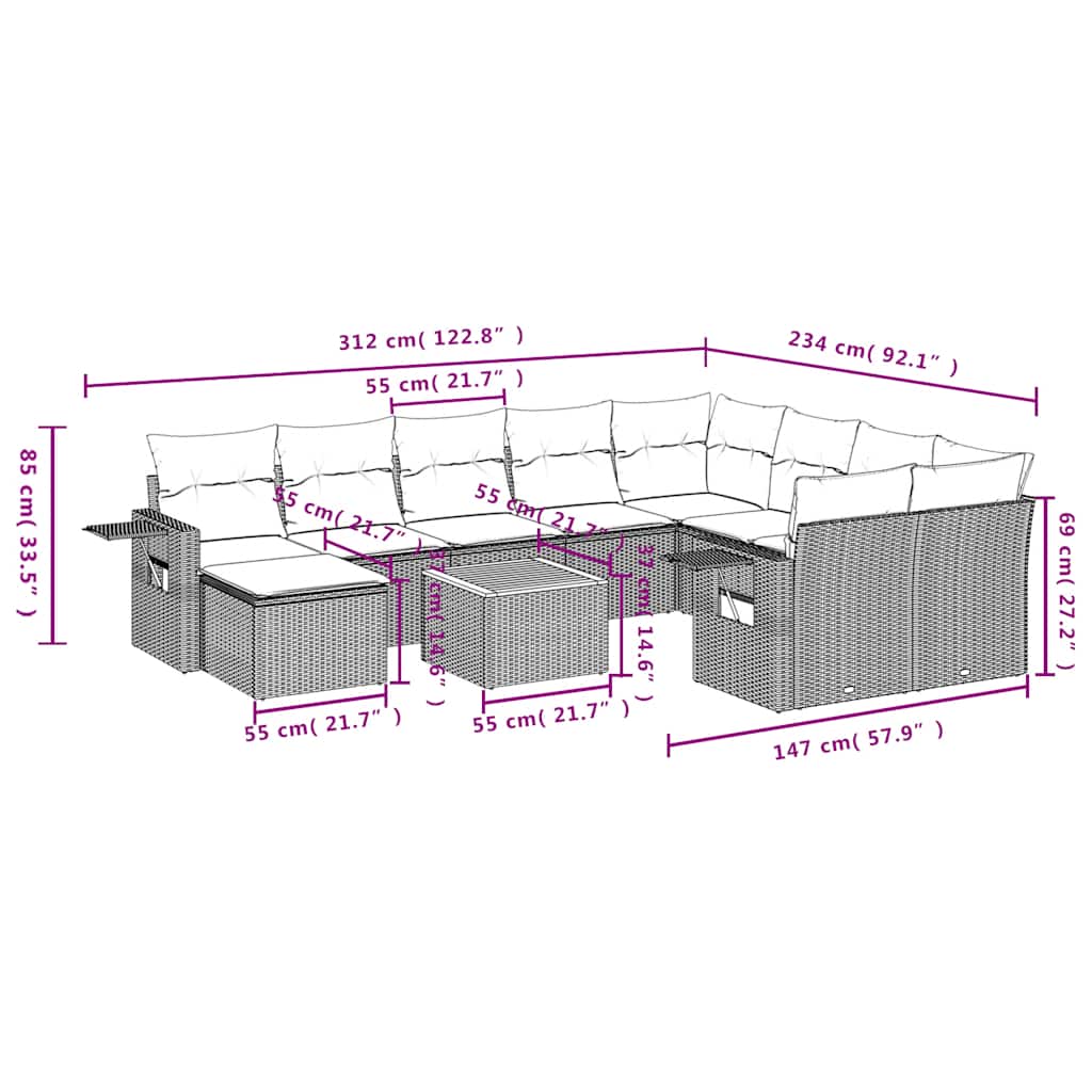 11-delige tuinbankset met kussens, grijs polyrotan