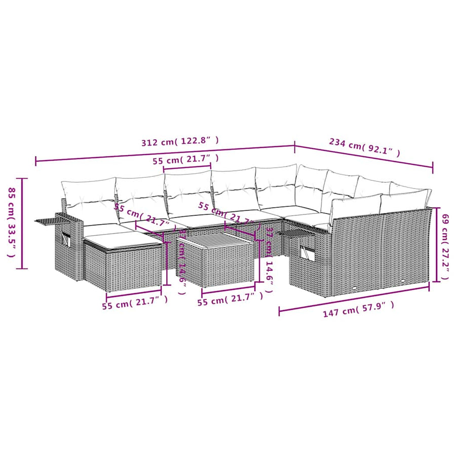 11-delige tuinbankset met kussens, grijs polyrotan