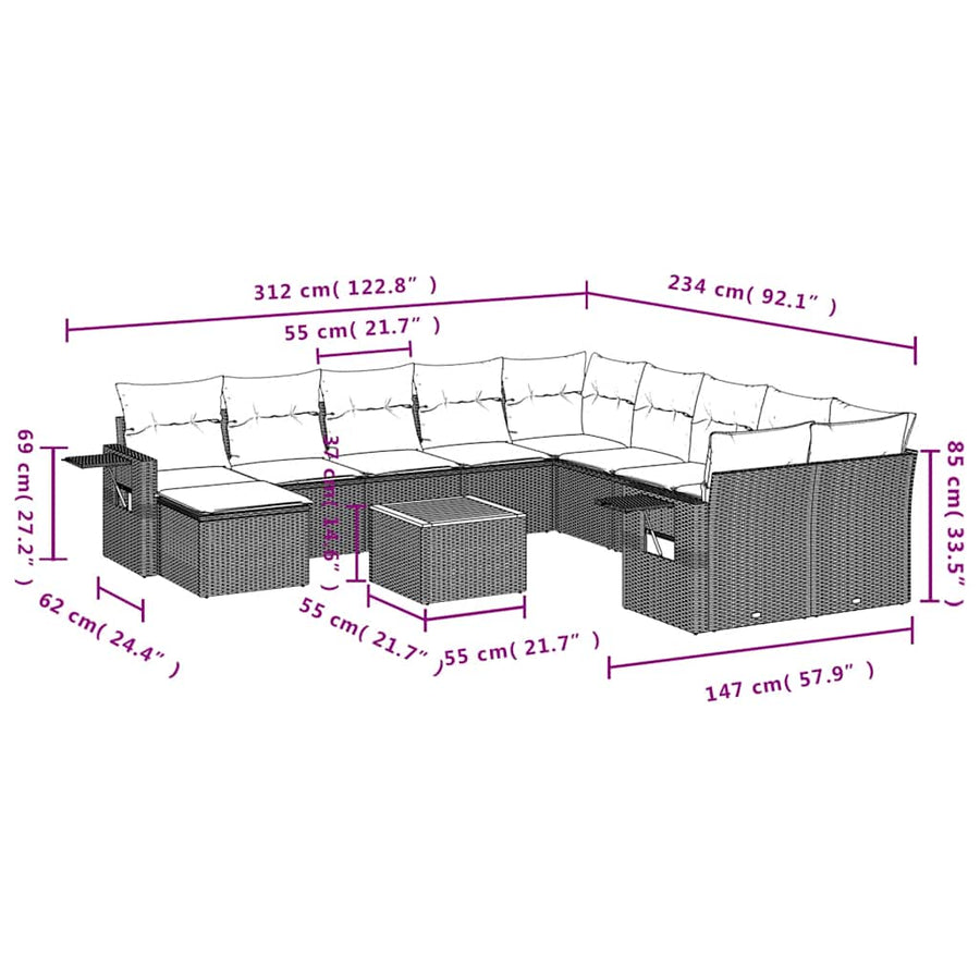 12-delige tuinbankset met kussens, grijs polyrotan