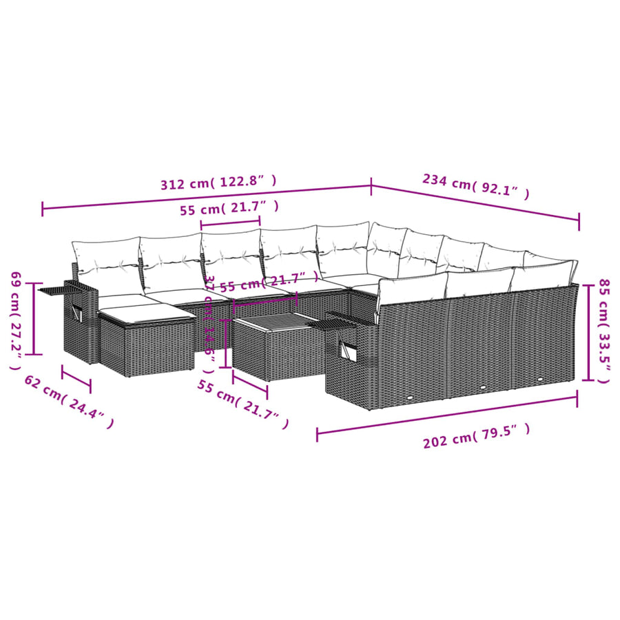 13-Delige Loungeset Met Kussens Poly Rattan Zwart