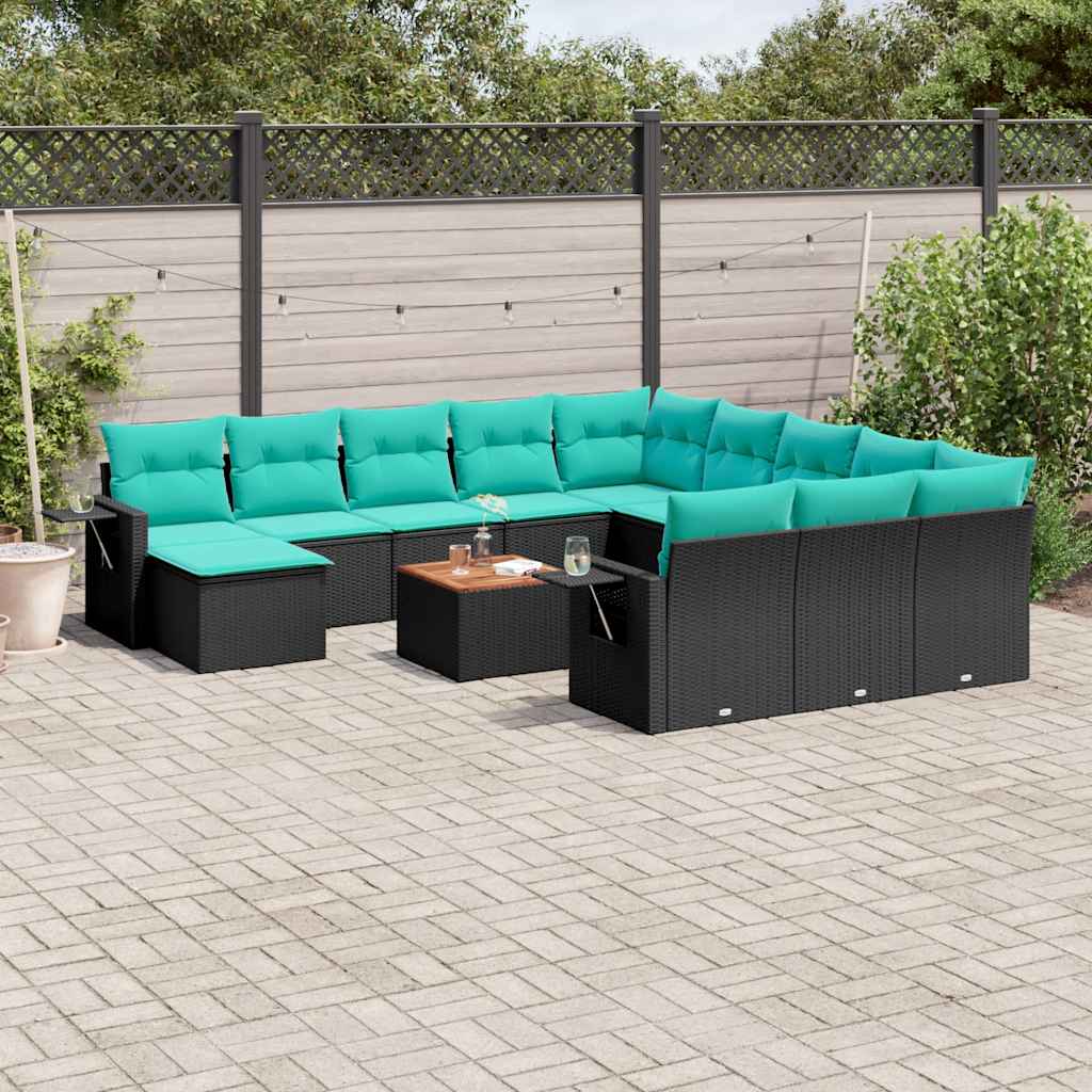 13-delige tuinbankset met kussens van zwart polyrotan