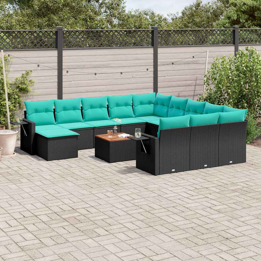 13-delige tuinbankset met kussens van zwart polyrotan
