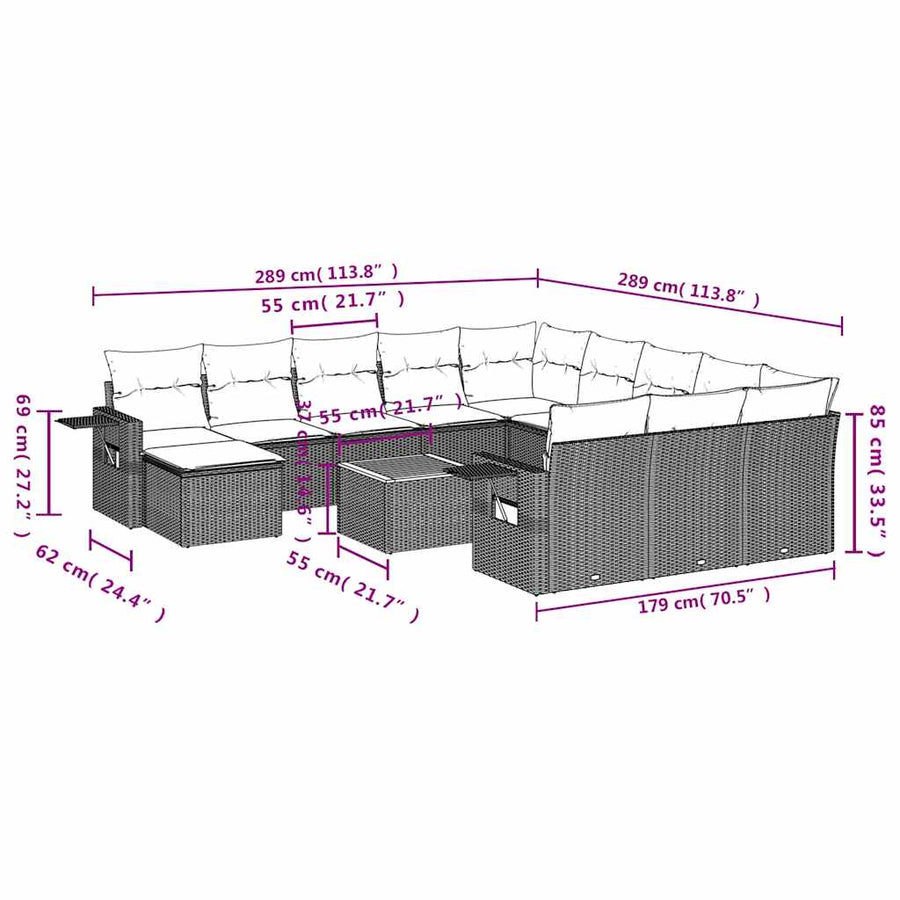 13-delige tuinbankset met kussens, grijs polyrotan