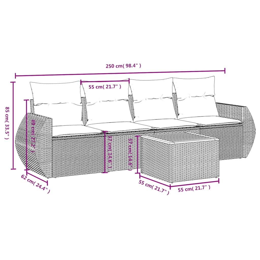 5-delige tuinbankset met kussens, grijs polyrotan