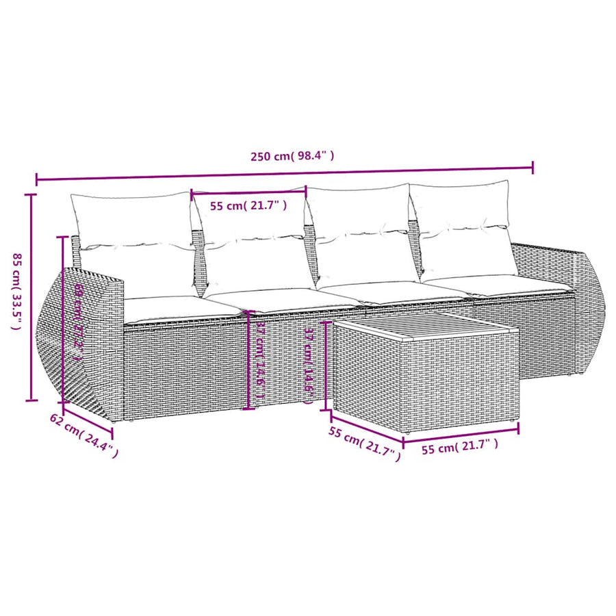 5-delige tuinbankset met kussens, grijs polyrotan