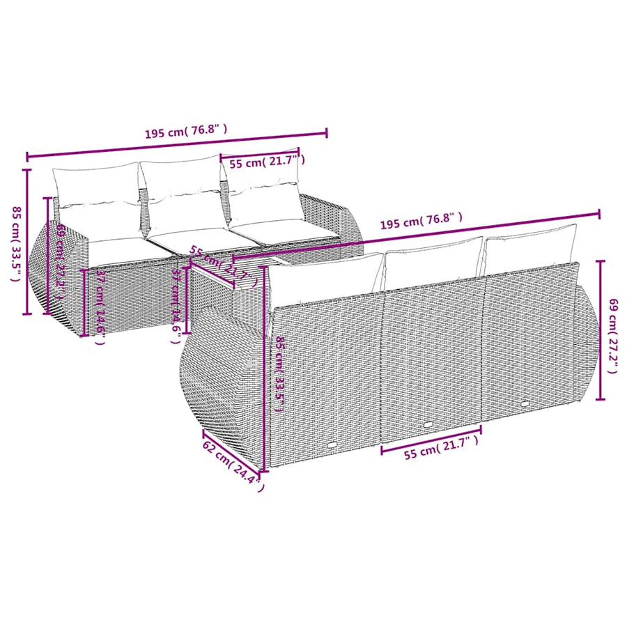 7-delige tuinbankset met kussens, grijs polyrotan