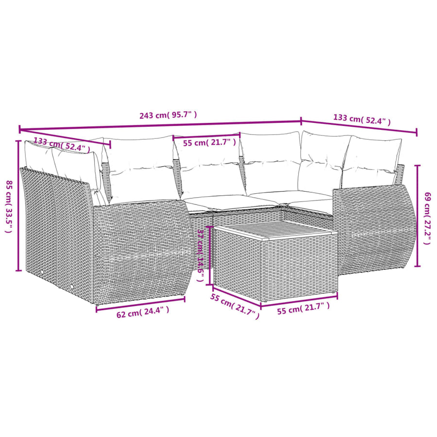 7-Delige Loungeset Met Kussens Poly Rattan Grijs
