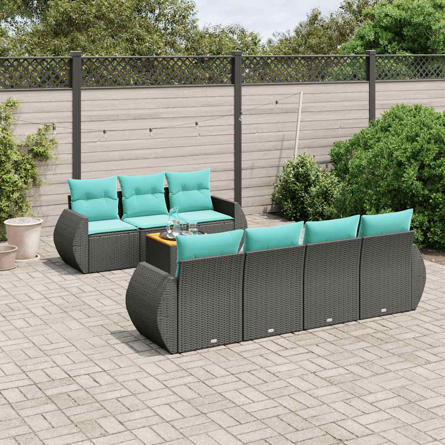 8-delige tuinbankset met kussens, zwart polyrotan