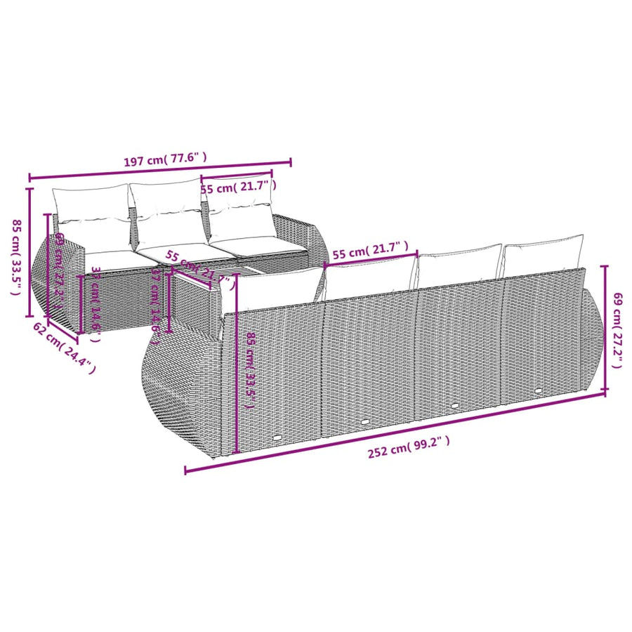 8-Delige Loungeset Met Kussens Poly Rattan Grijs