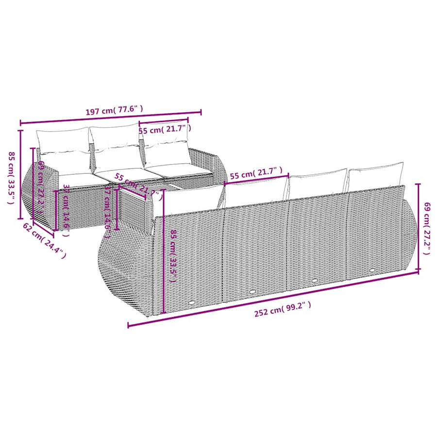 8-delige tuinbankset met kussens, grijs polyrotan