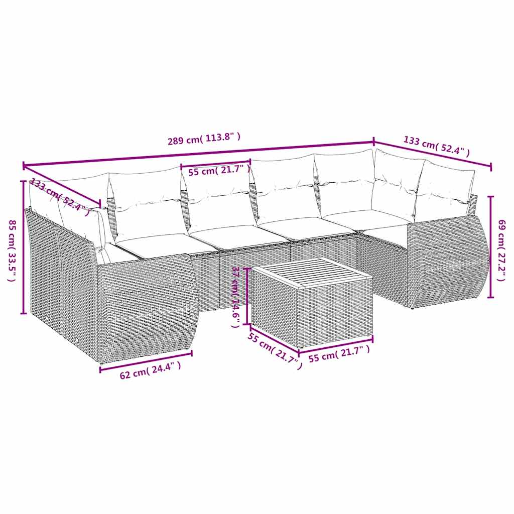 8-delige tuinbankset met kussens, zwart polyrotan
