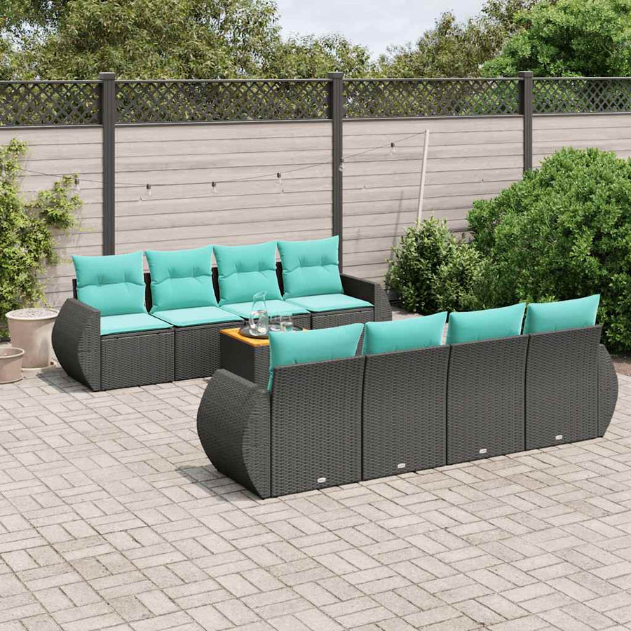 9-delige tuinbankset met kussens van zwart polyrotan