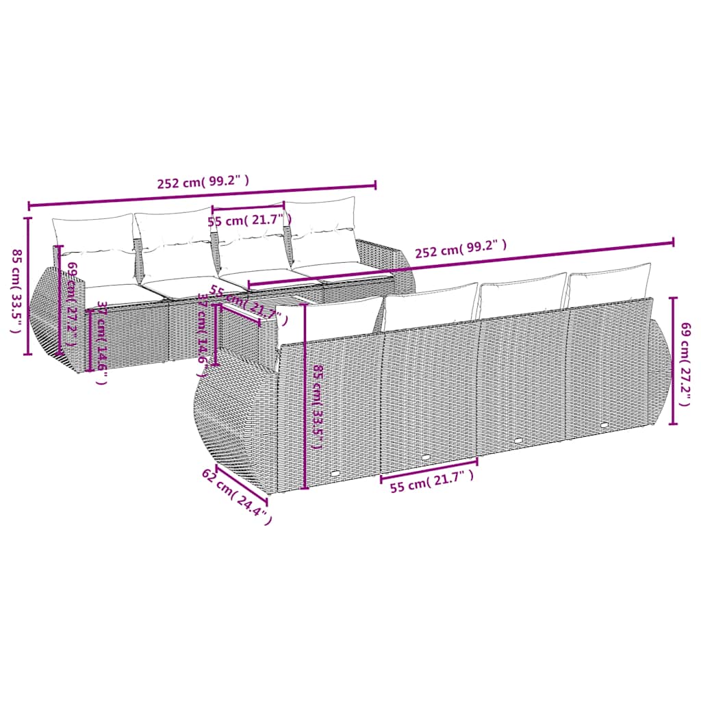 9-delige tuinbankset met kussens, grijs polyrotan