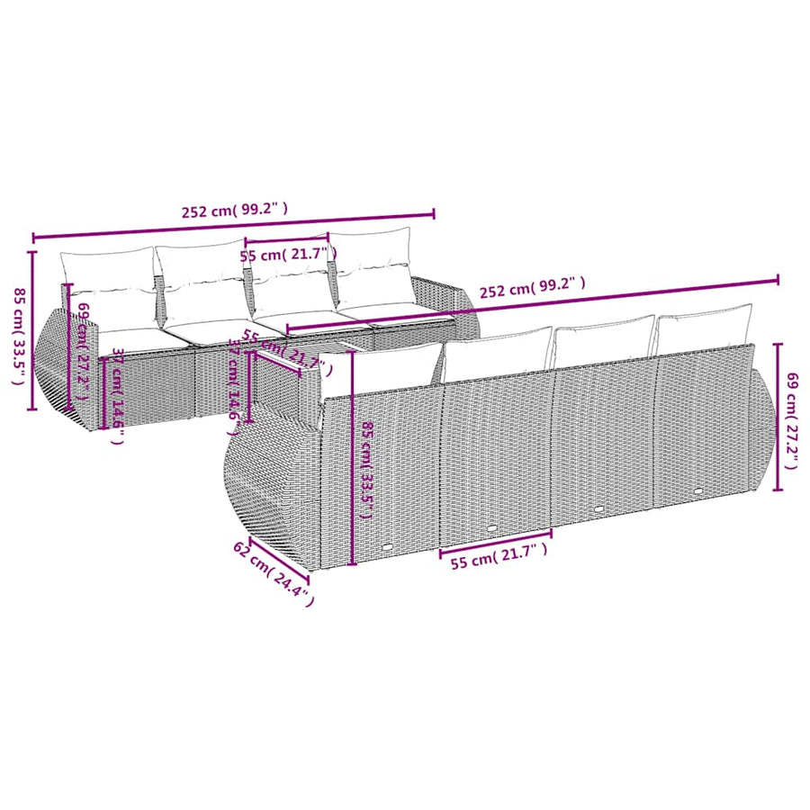 9-delige tuinbankset met kussens, grijs polyrotan