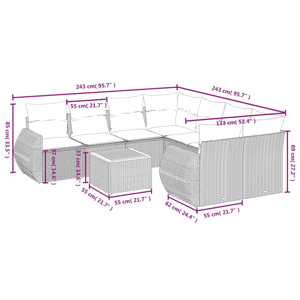 9-Delige Loungeset Met Kussens Poly Rattan Grijs